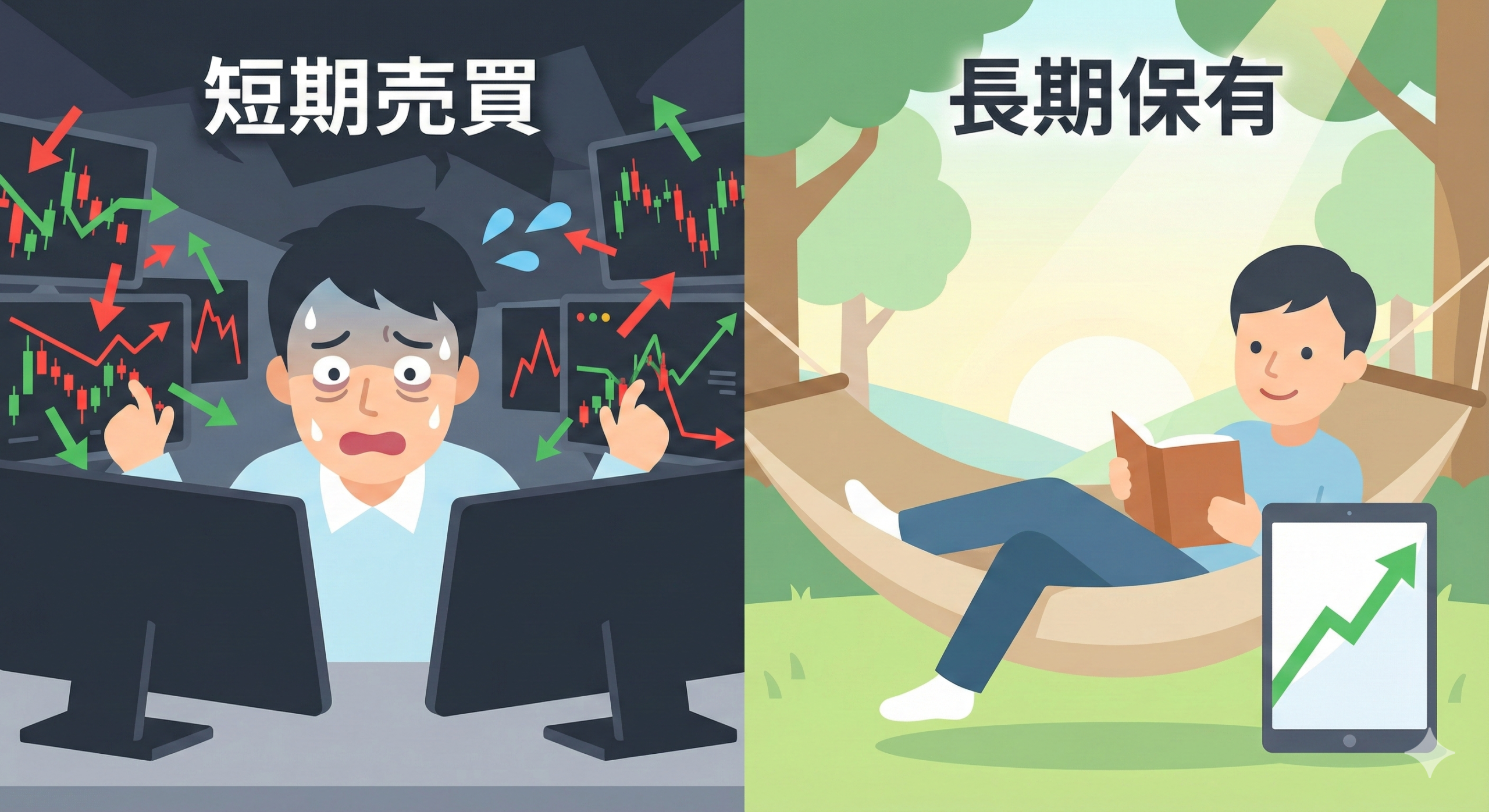 短期売買のストレスと長期保有のリラックスした様子の比較イラスト