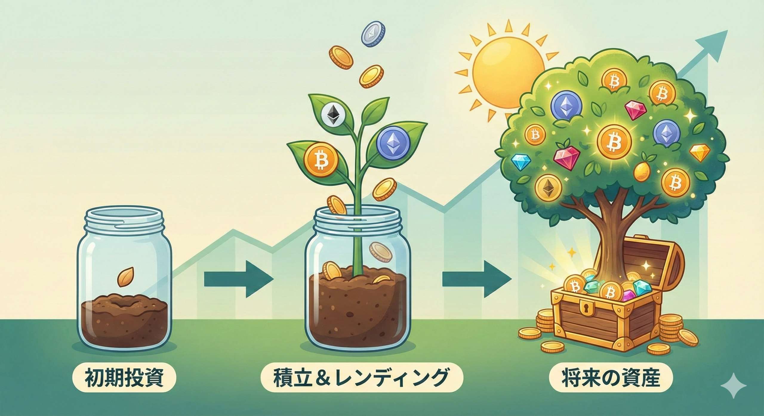 暗号資産の積立とレンディングによる将来の資産成長を示すインフォグラフィック