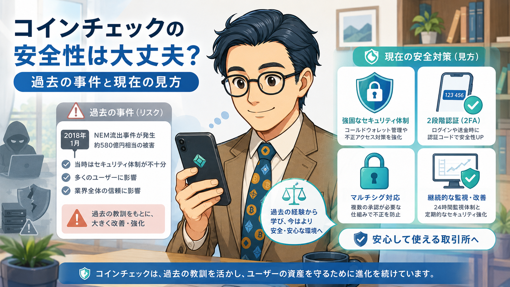 コインチェックの過去のNEM流出事件と現在の安全対策を説明する挿絵