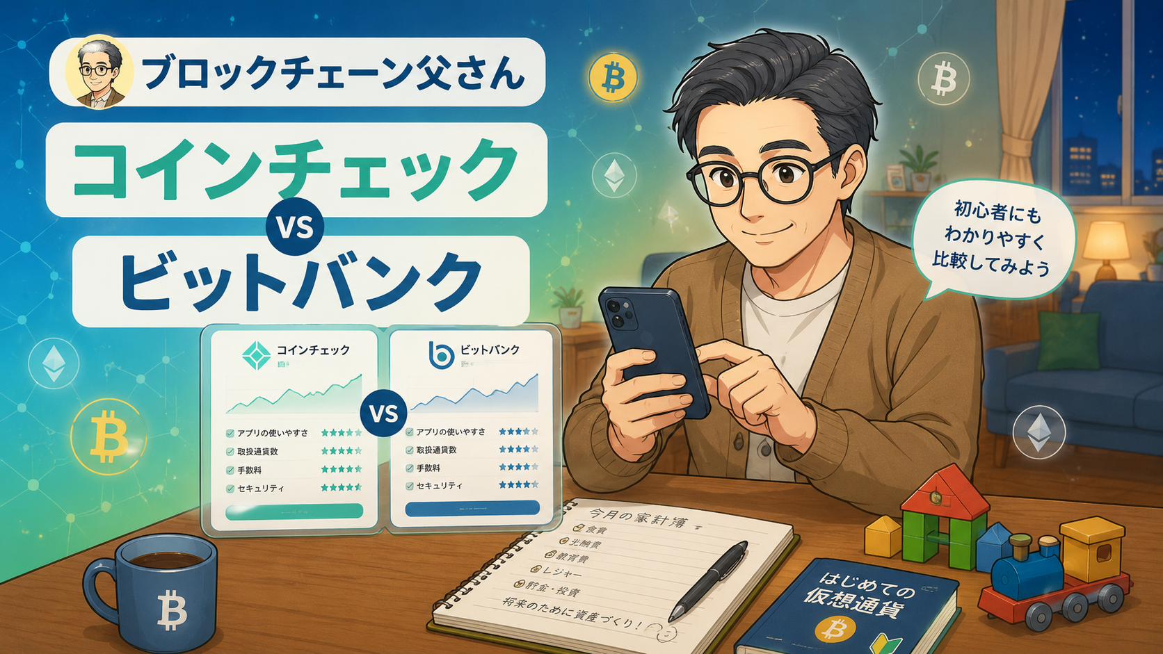コインチェックとビットバンクを初心者向けに比較するブロックチェーン父さんのアイキャッチ画像