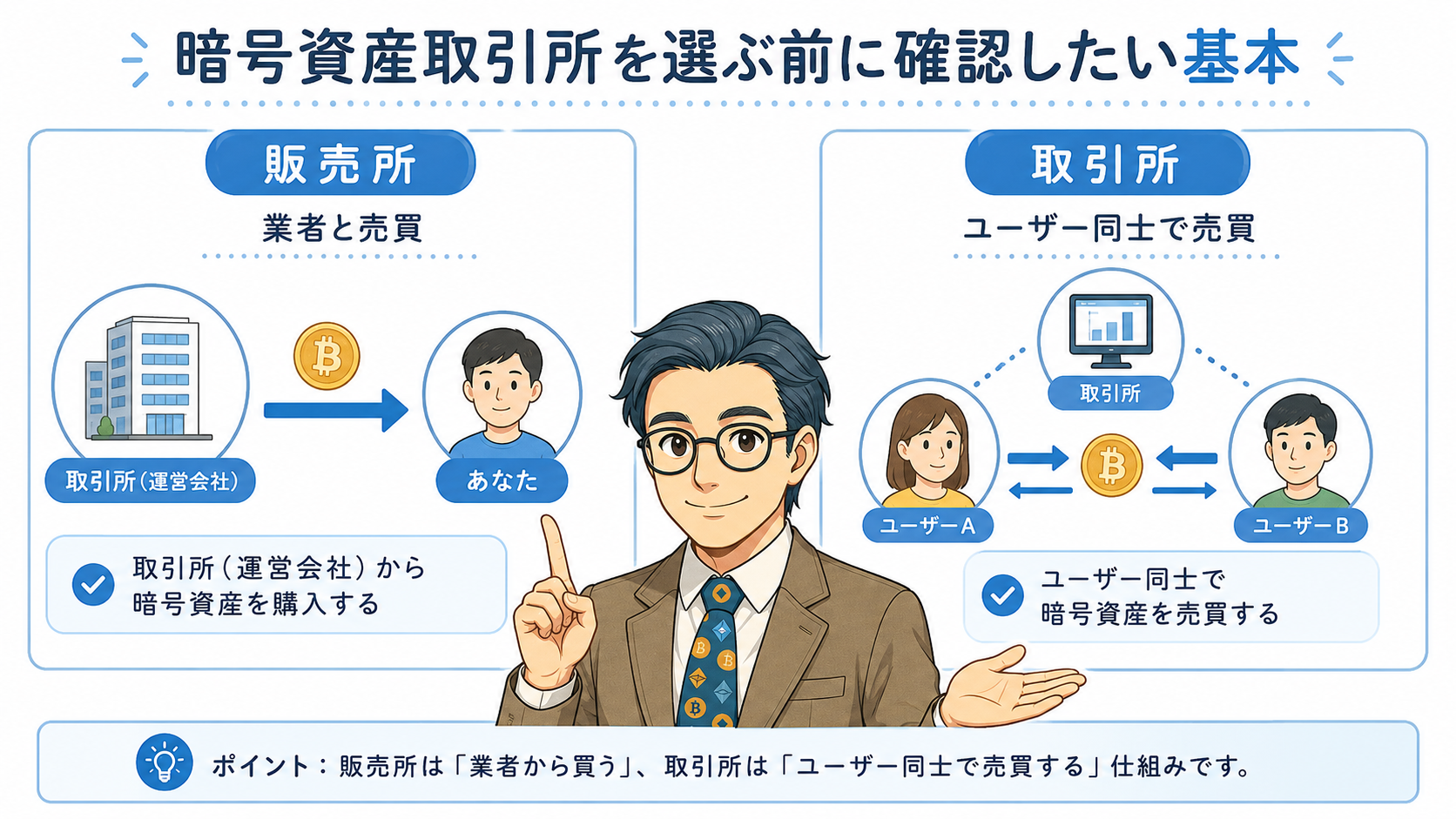 販売所は業者から買い取引所はユーザー同士で売買する違いを説明する図解