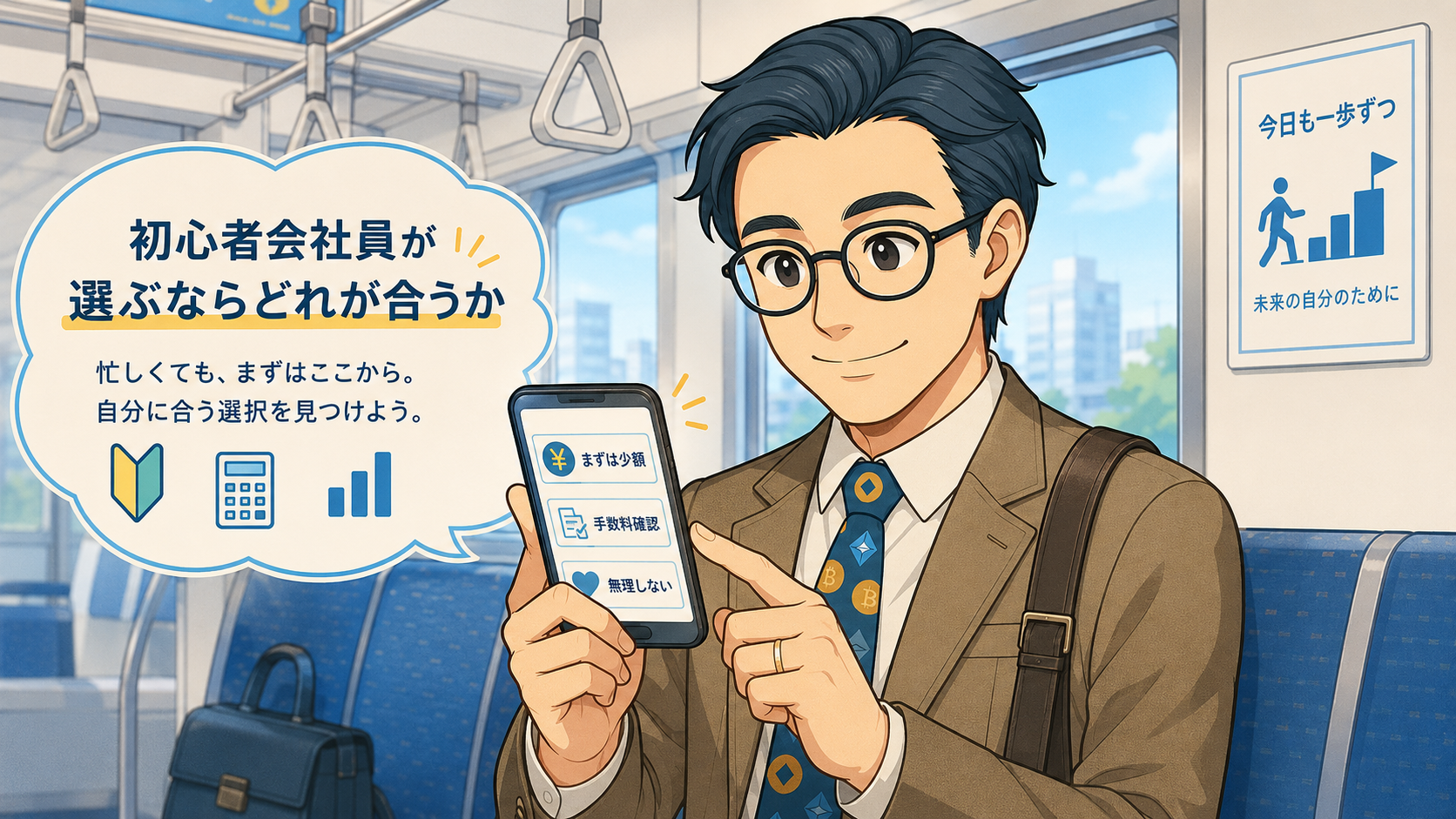 初心者会社員がスマホで少額・手数料・無理のない範囲を確認して取引所を選ぶ挿絵