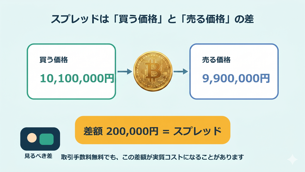 暗号資産の買う価格と売る価格の差がスプレッドになることを示す図解