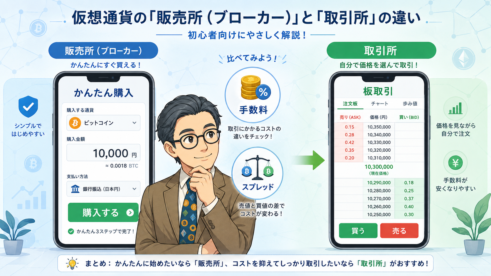 暗号資産の販売所と取引所の違いを初心者向けに比較する挿絵