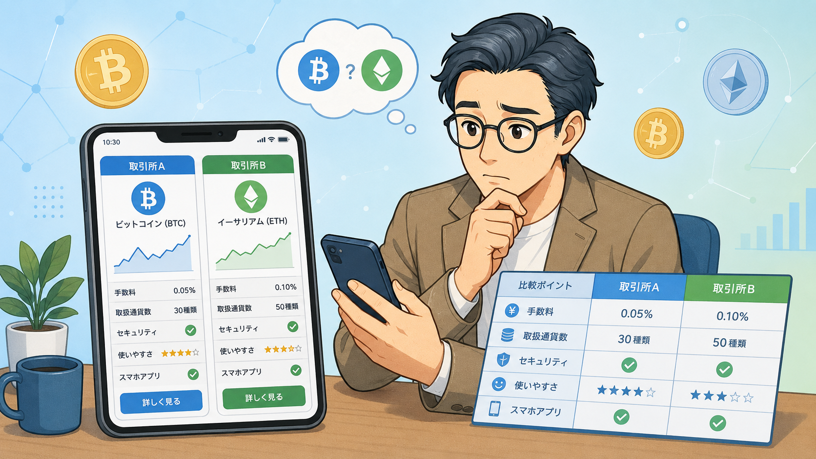 暗号資産取引所を手数料や銘柄数や使いやすさで比較する挿絵