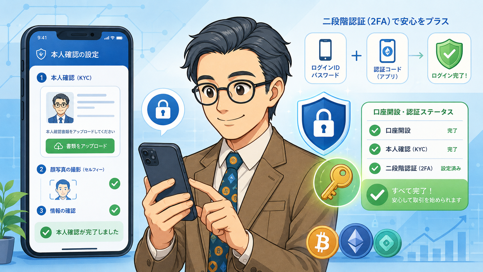 スマホで本人確認と二段階認証を設定する暗号資産取引所の挿絵