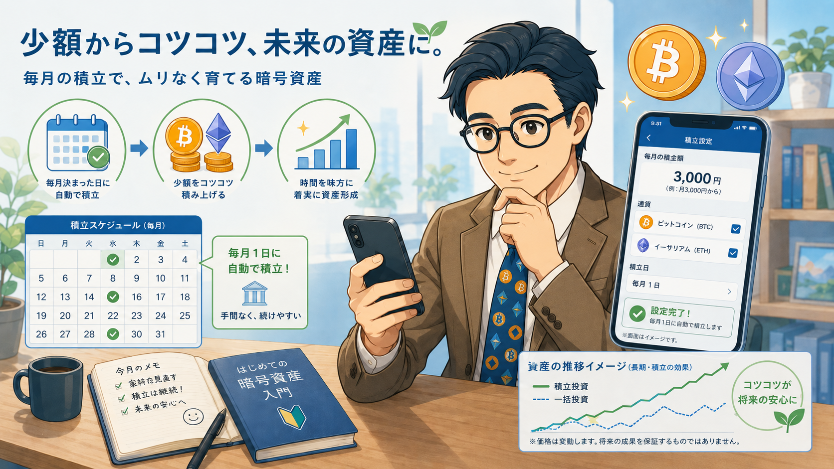 暗号資産を少額から毎月積み立てる流れを説明する挿絵