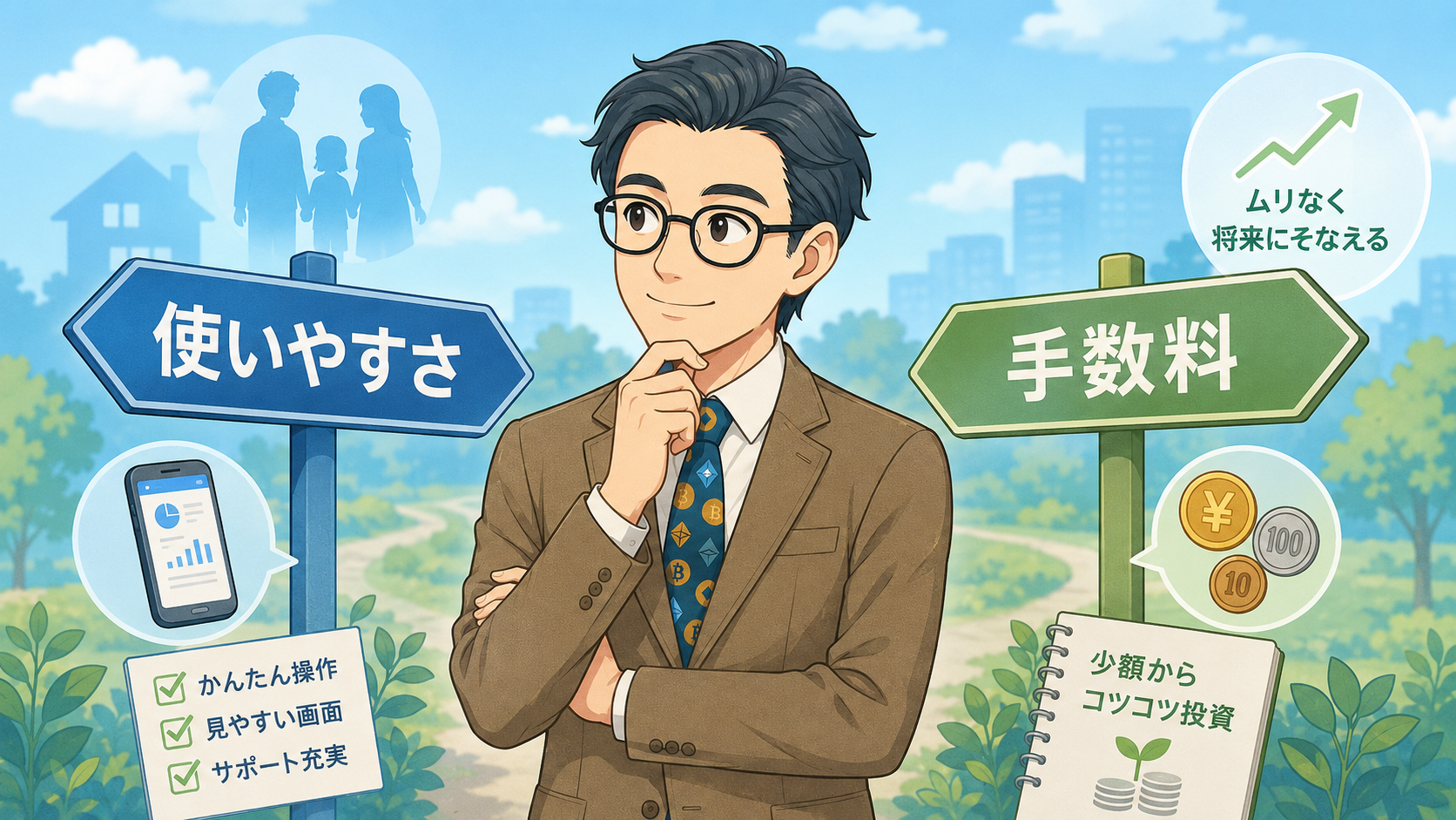 コインチェックとビットバンクを使いやすさと手数料で比較する会社員の挿絵