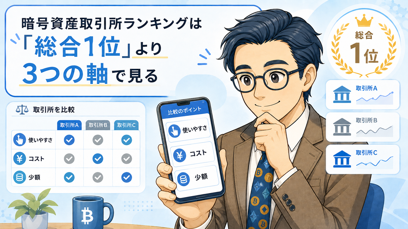 暗号資産取引所ランキングは総合1位より使いやすさ・コスト・少額の3つの軸で見る図解