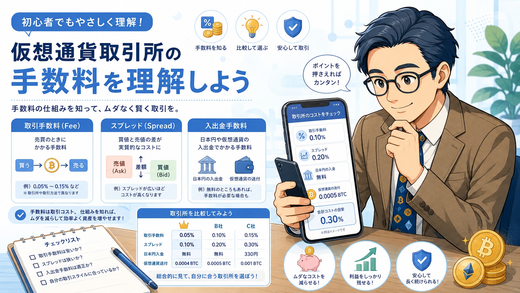 取引手数料、スプレッド、入出金手数料を確認して取引所のコストを理解する挿絵