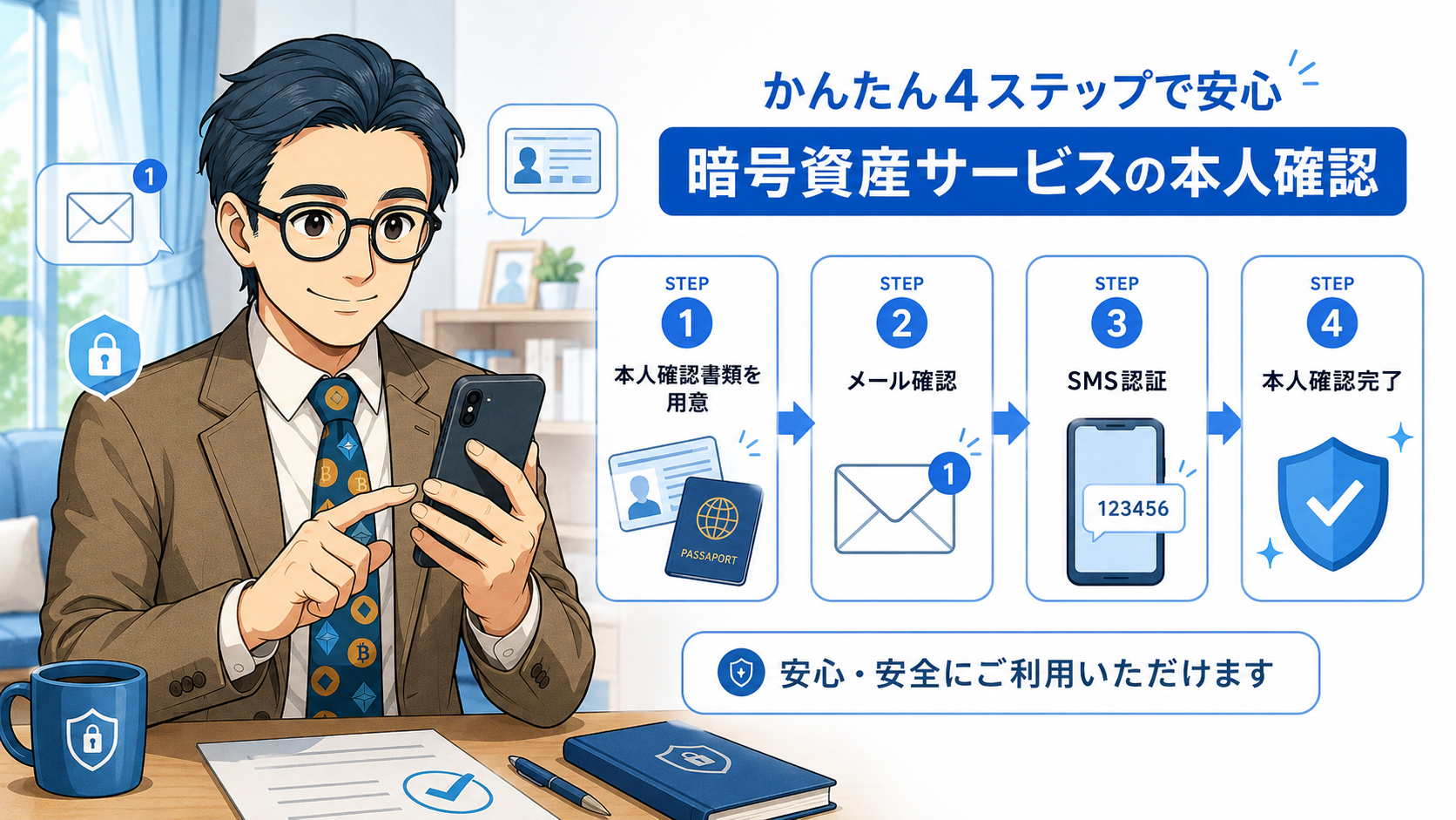暗号資産サービスの本人確認を本人確認書類、メール確認、SMS認証、完了の4ステップで説明する挿絵