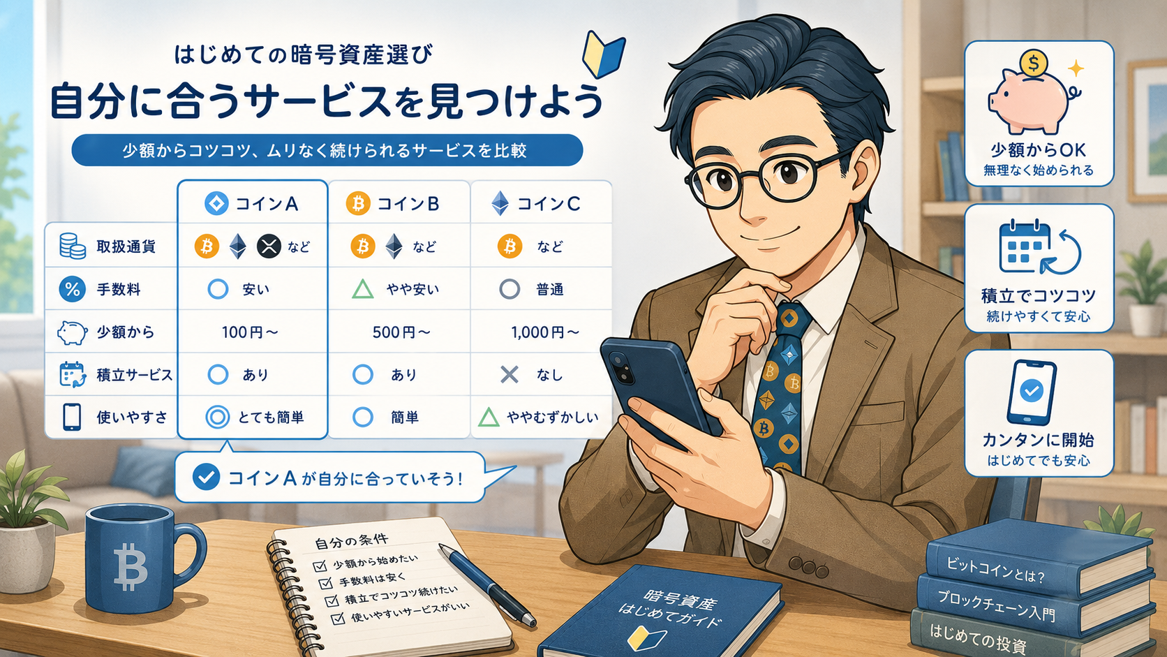 少額、手数料、積立サービス、使いやすさで暗号資産サービスを比較する挿絵