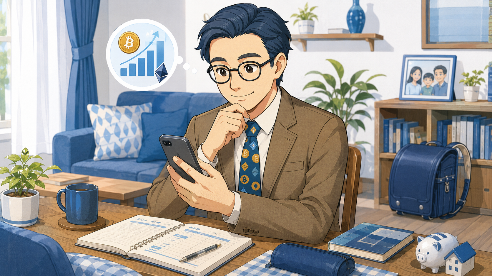家庭の予算を見ながらスマホで少額の暗号資産投資を確認する会社員の挿絵