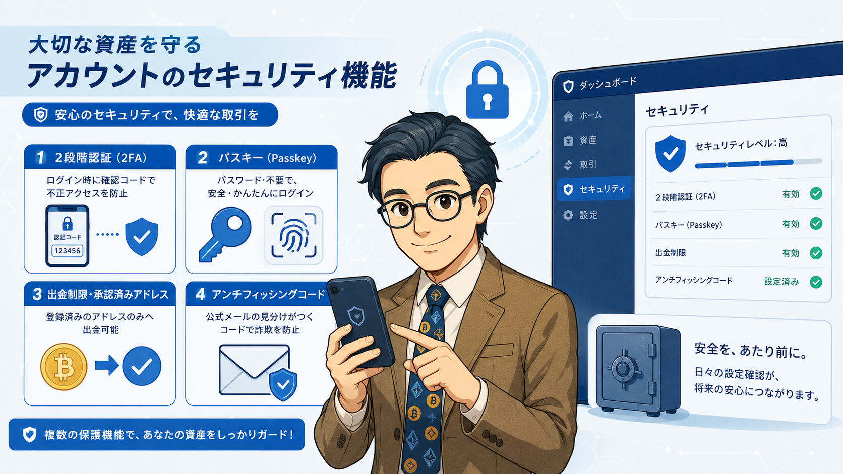 Bybitの2段階認証やパスキーなどアカウントのセキュリティ機能を説明する挿絵
