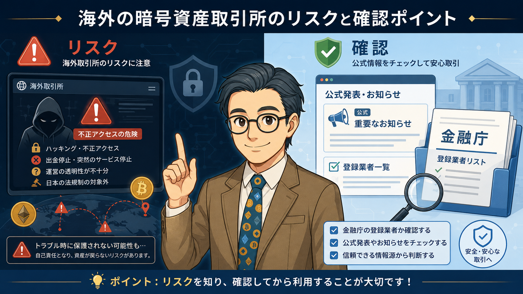 海外暗号資産取引所のリスクと金融庁情報の確認ポイントを説明する挿絵