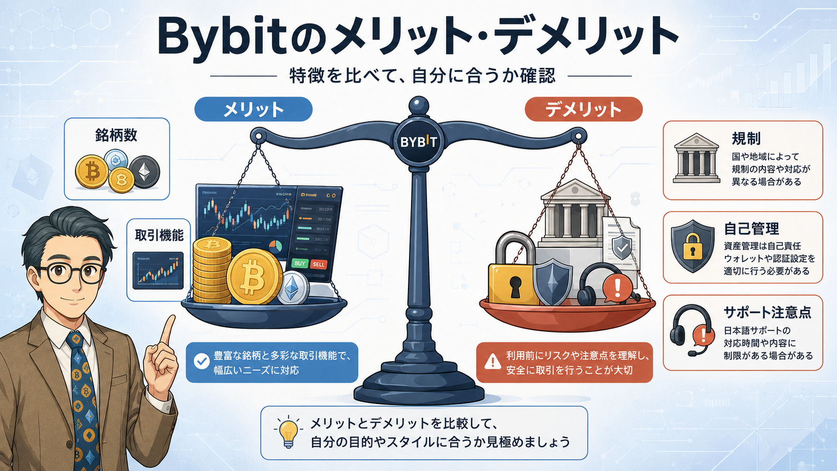 Bybitのメリットとデメリットを比較して確認する挿絵