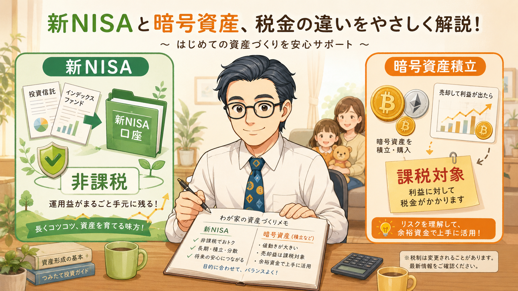 新NISAは非課税、暗号資産積立は利益が課税対象になる違いを説明する図解