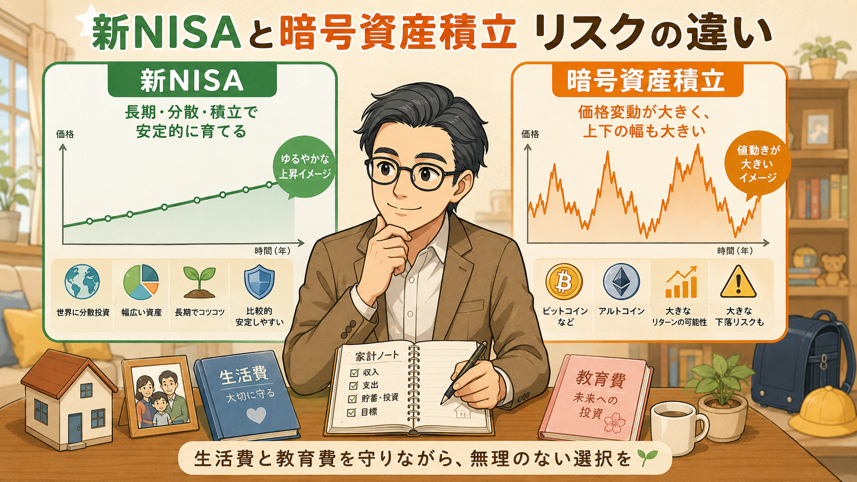 新NISAと暗号資産積立のリスクや値動きの違いを初心者向けに比較する図解