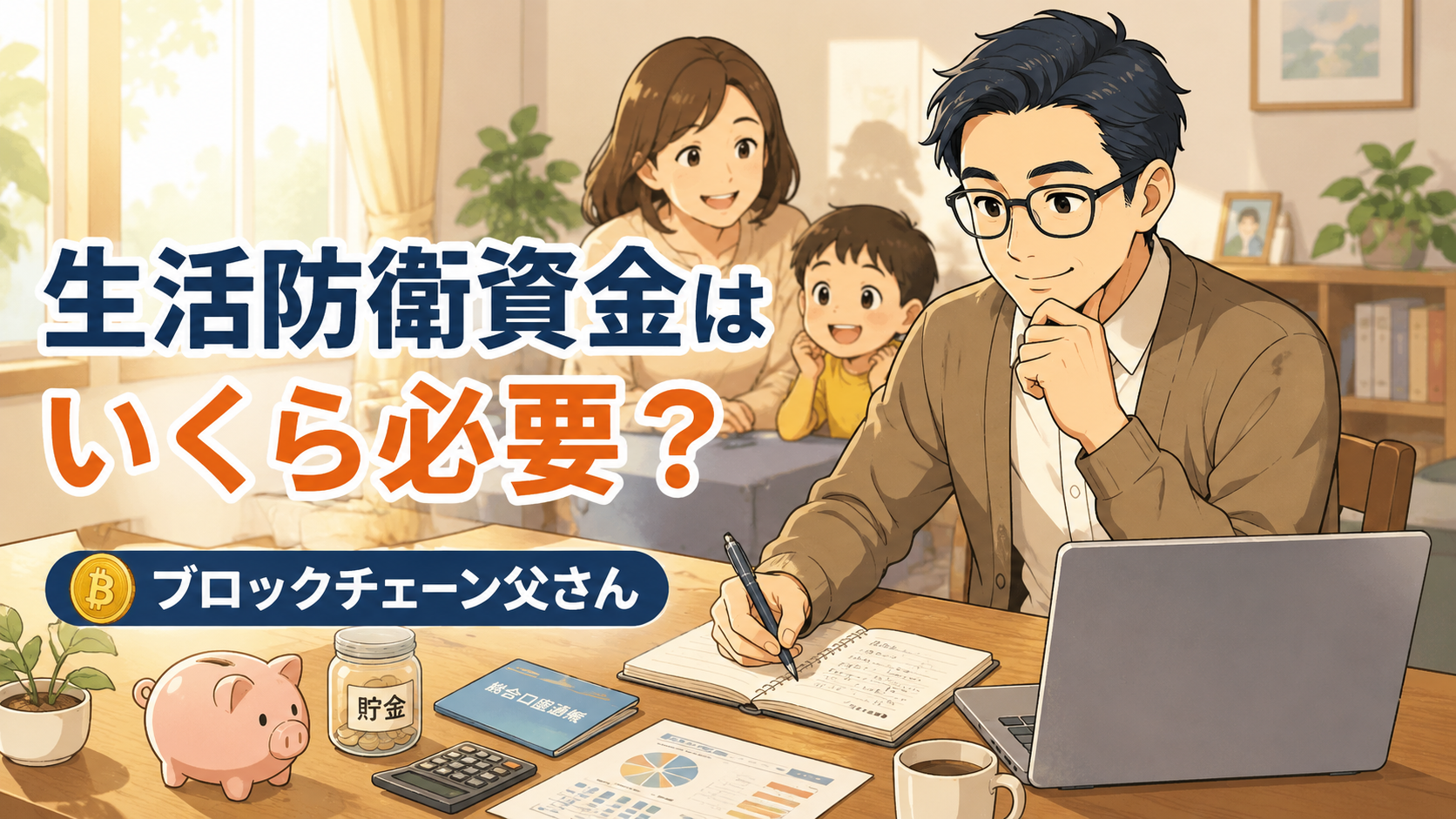生活防衛資金はいくら必要かを考える会社員パパと家族のイラスト