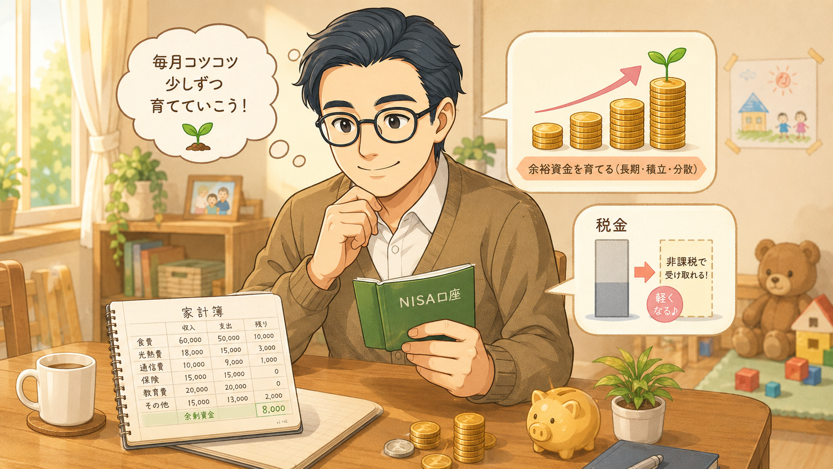 家計の余裕資金を新NISAで少しずつ育てる考え方を示す挿絵