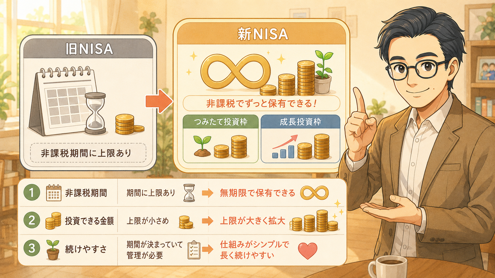 旧NISAと新NISAの違いを非課税期間や投資枠で比較する挿絵