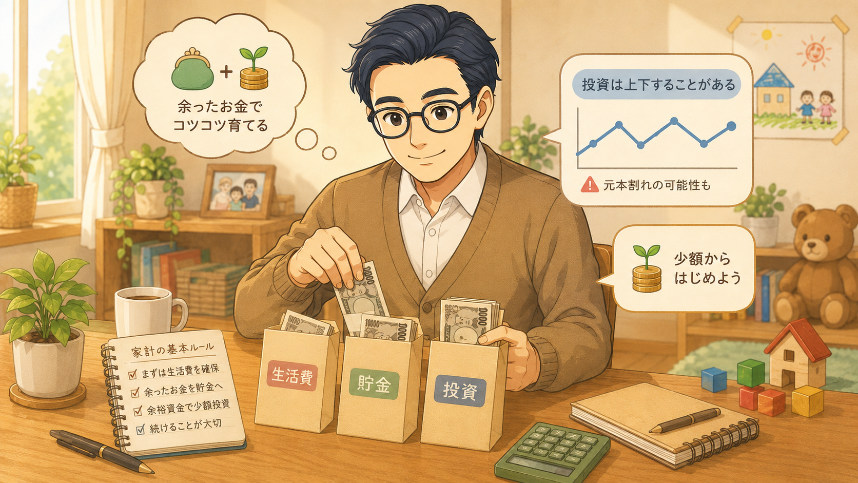 生活費と貯金を分けたうえで余裕資金から新NISAを始める考え方の挿絵
