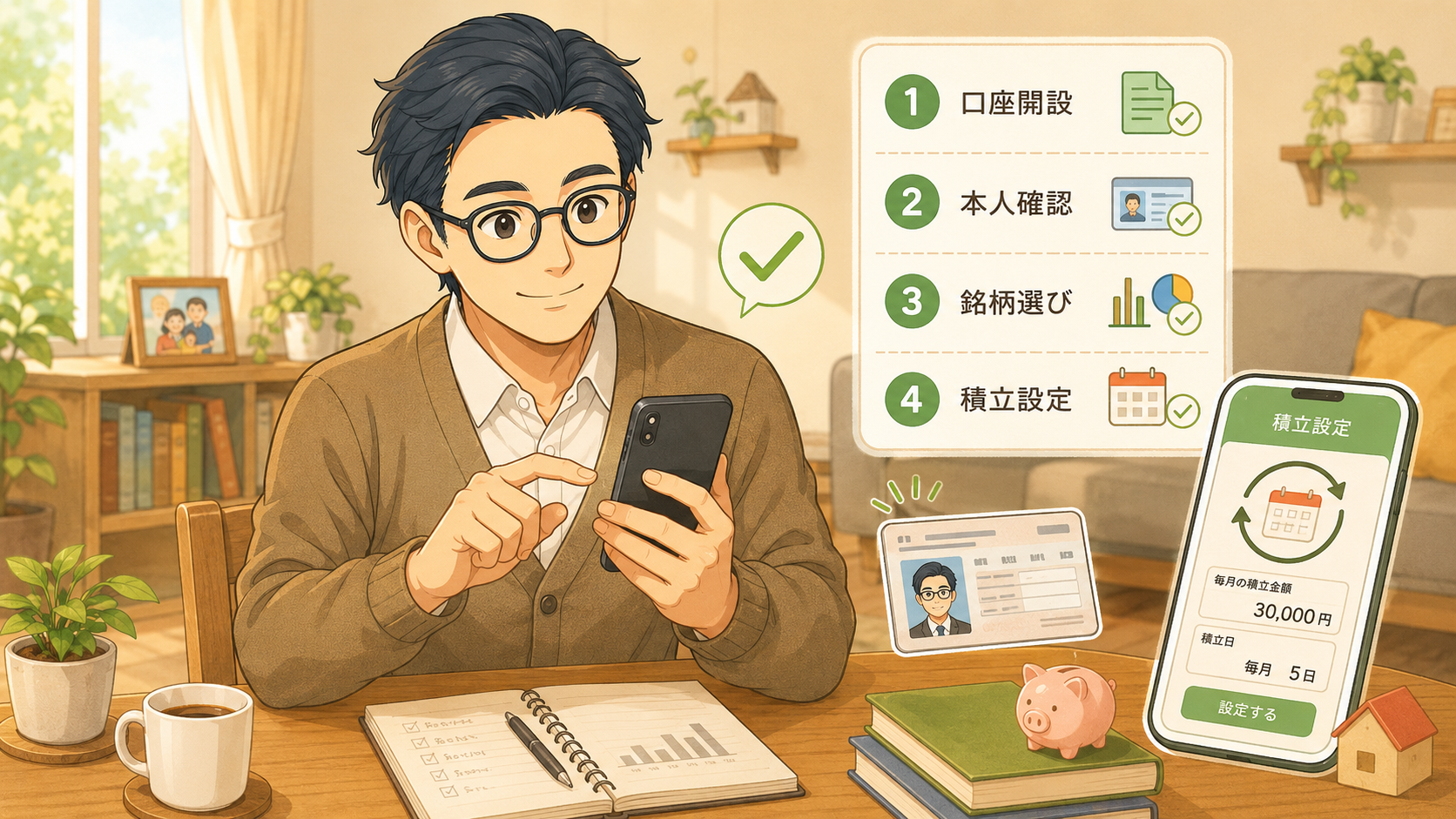 新NISAの口座開設から本人確認、銘柄選び、積立設定までの流れを示す挿絵
