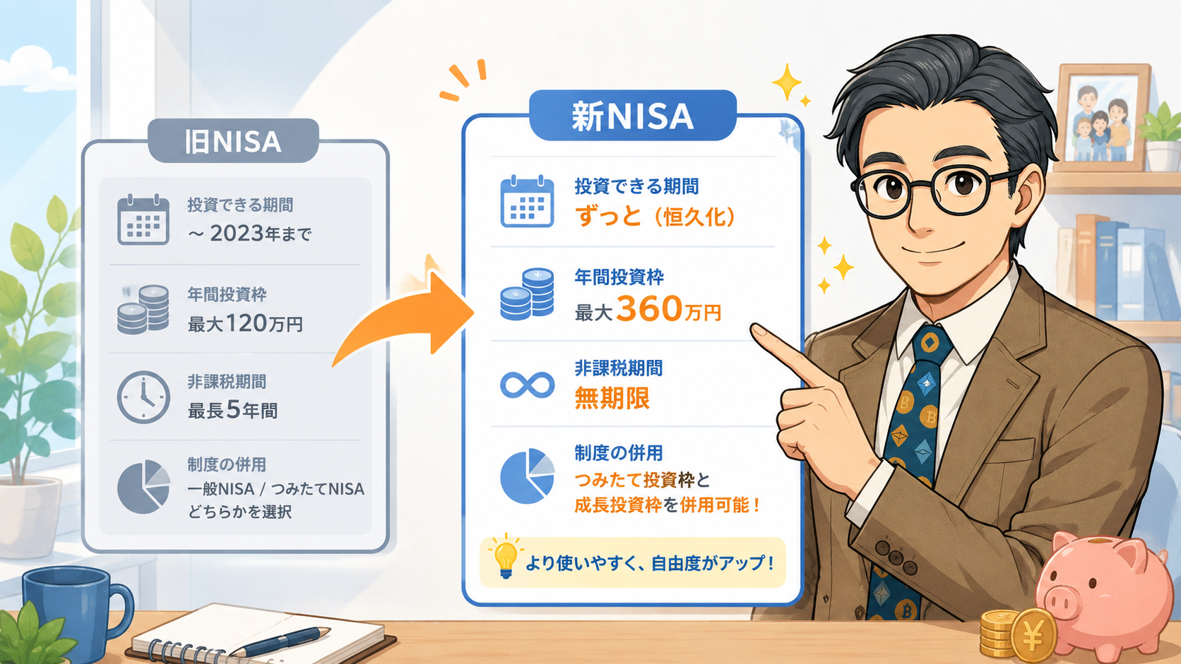 旧NISAから新NISAで投資期間や年間投資枠、非課税期間が変わった全体像を示す挿絵