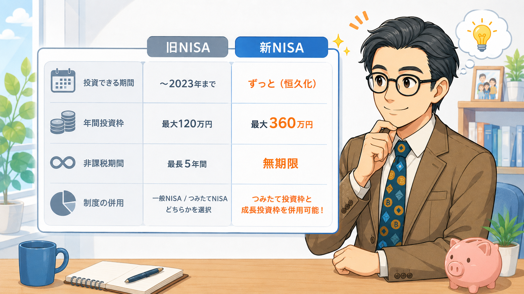 旧NISAと新NISAの違いを投資期間、年間投資枠、非課税期間、制度の併用で比較する挿絵