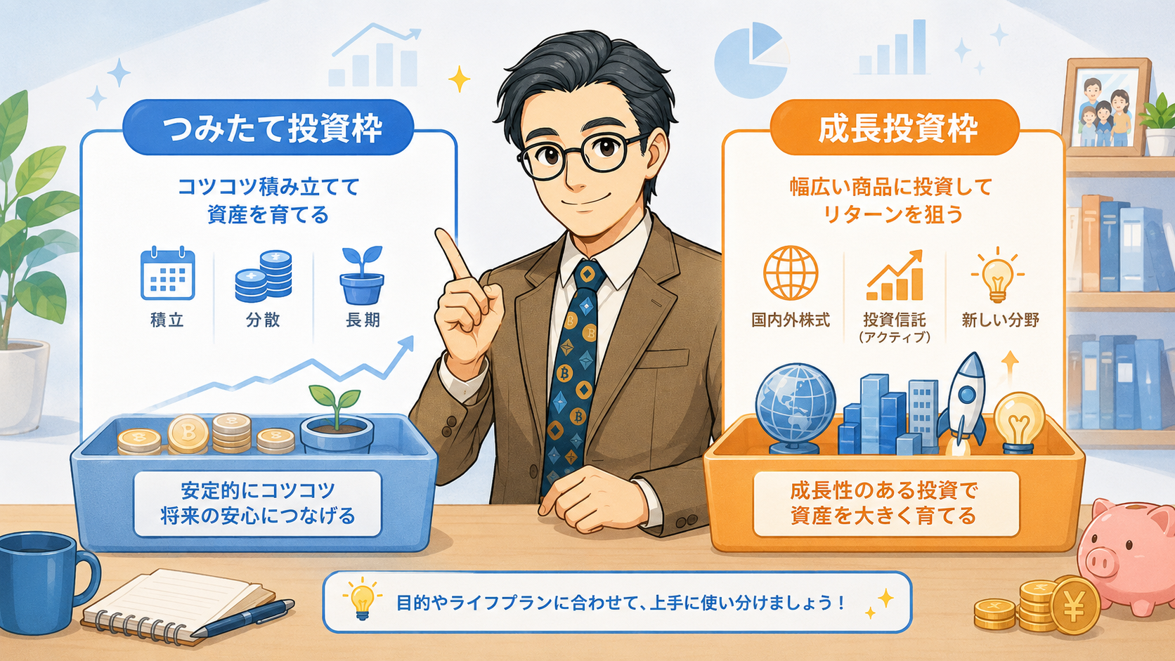 新NISAのつみたて投資枠と成長投資枠の役割と使い分けを説明する挿絵