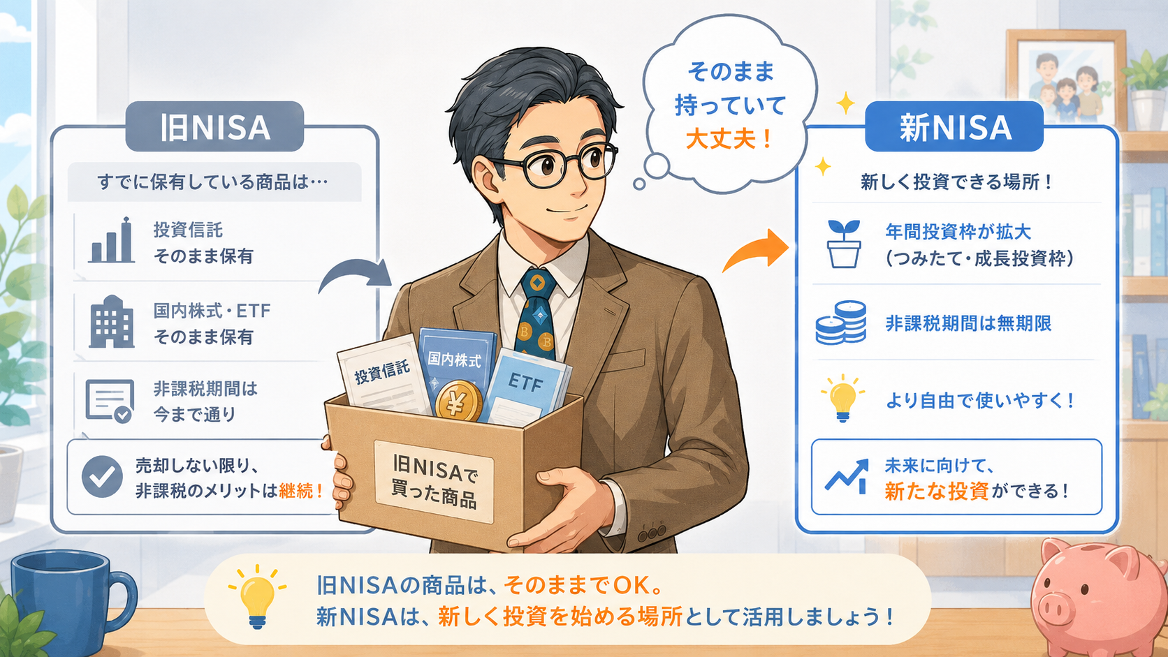 旧NISAで買った商品はそのまま保有でき、新NISAは新しく投資する場所として使うことを示す挿絵