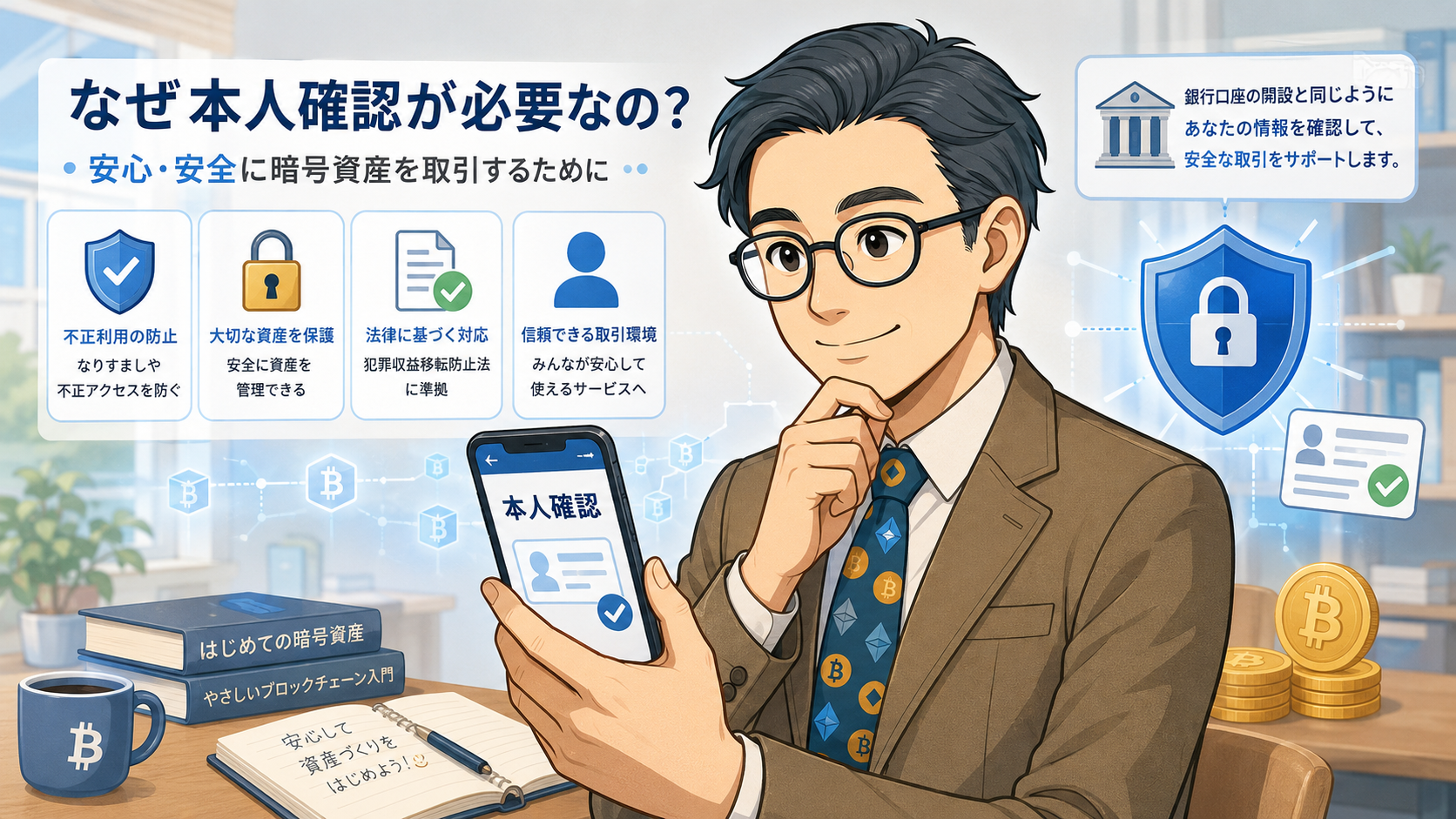 暗号資産取引所で本人確認が必要な理由を初心者向けに説明するイラスト