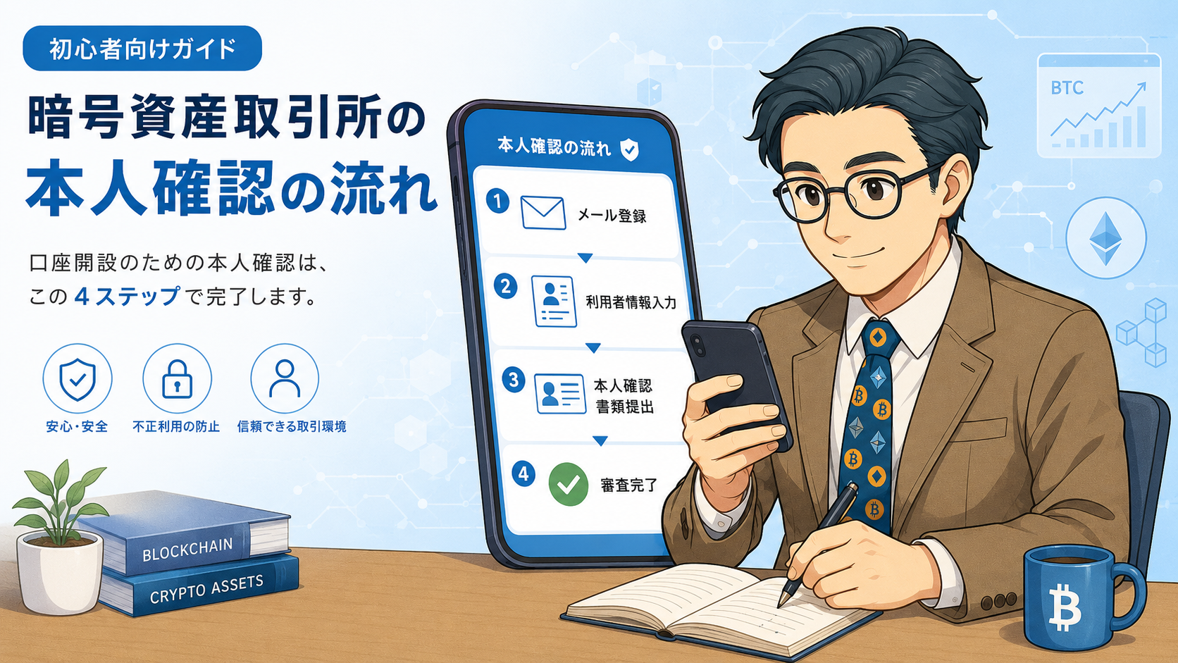 暗号資産取引所の本人確認の流れを4ステップで説明する初心者向けイラスト