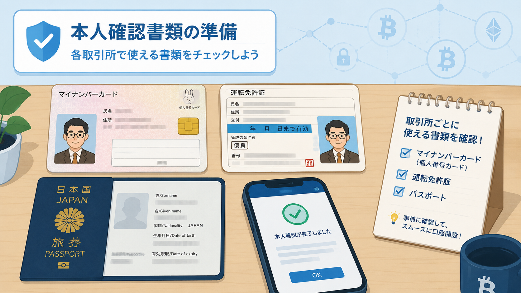 マイナンバーカード、運転免許証、パスポートなど本人確認書類の準備を説明するイラスト