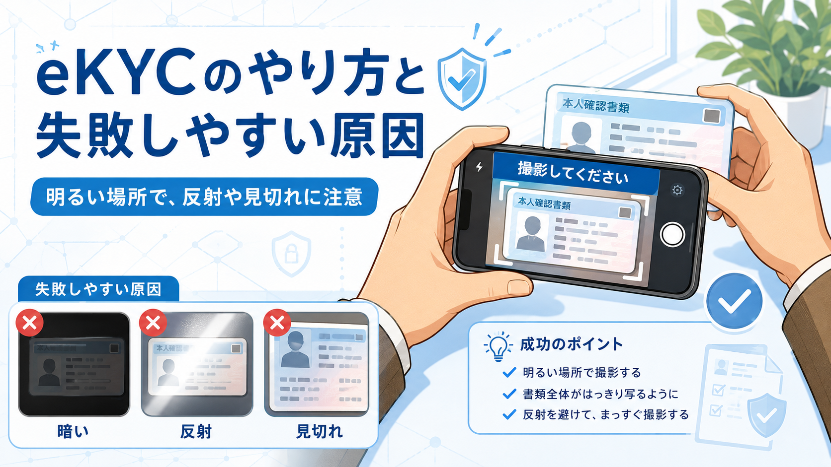 eKYCで本人確認書類をスマホ撮影するときの失敗原因と成功ポイントを説明するイラスト