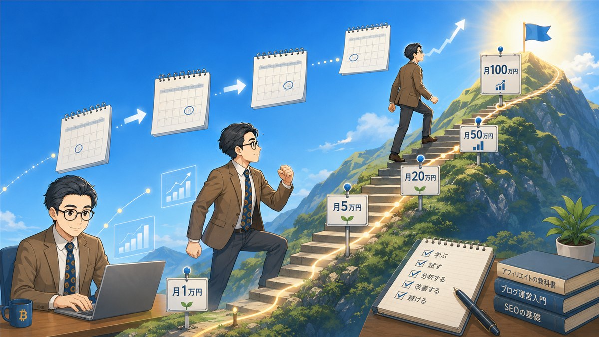 月1万円から月100万円まで、時間をかけてアフィリエイト収入を積み上げるイメージ