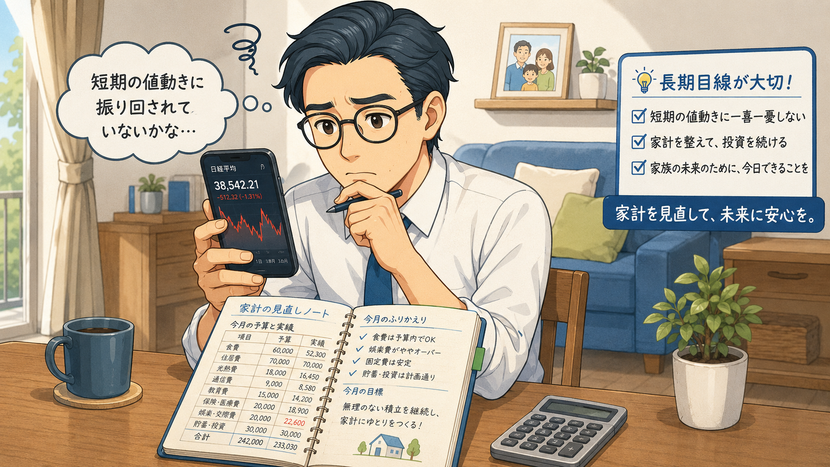 短期の値動きに振り回されず家計を見直しながら資産形成を続けるイメージ