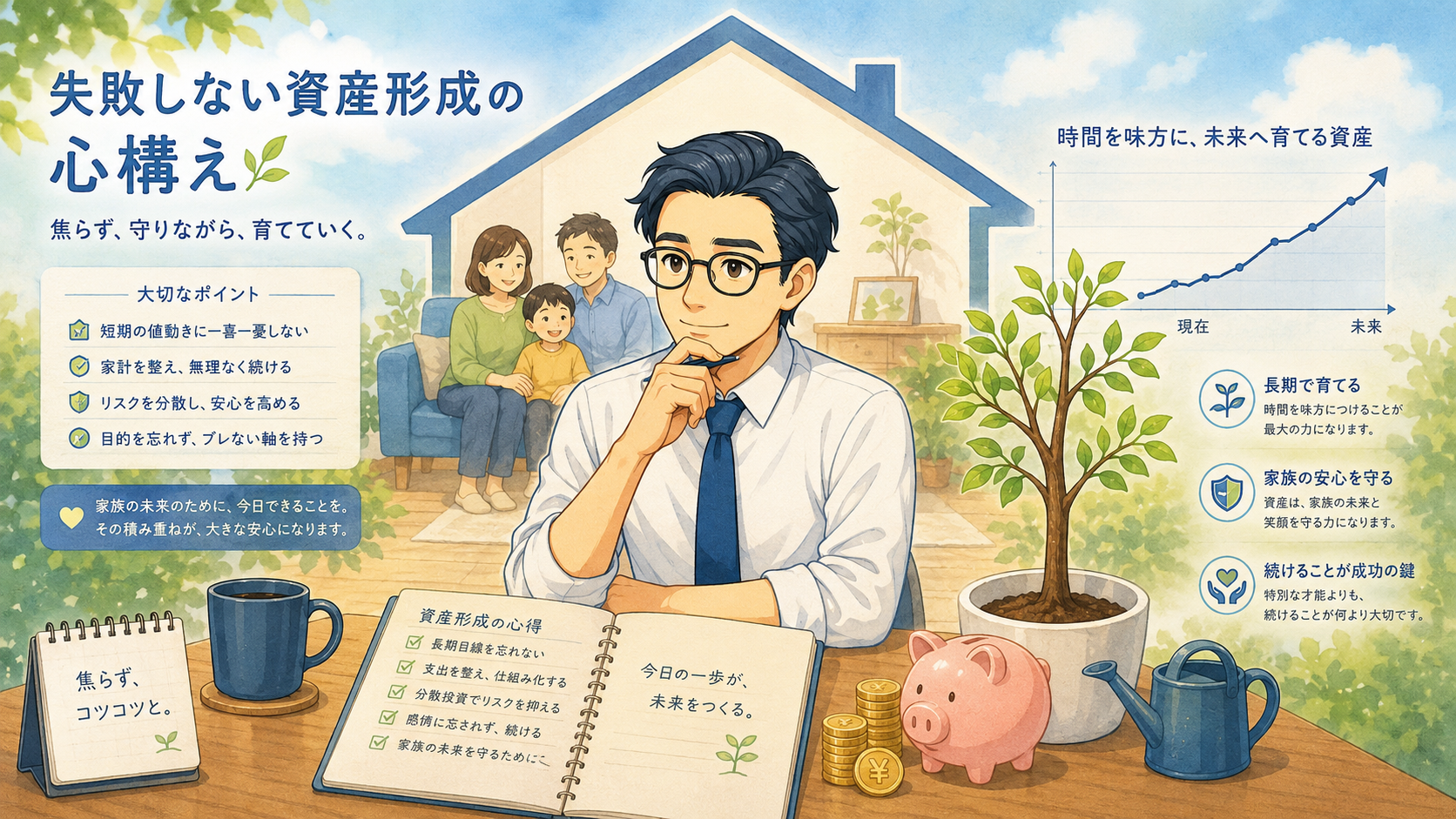 失敗しない資産形成の心構えを家族と長期目線で表した挿絵