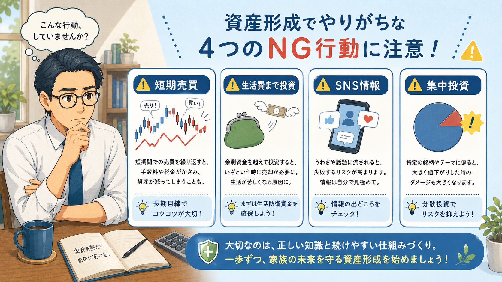 資産形成で初心者が注意したい4つのNG行動をまとめた挿絵