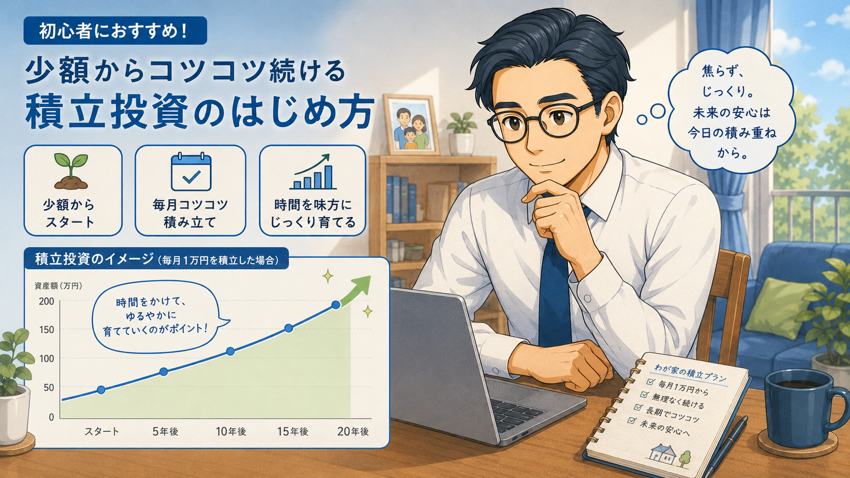 少額からコツコツ続ける積立投資の始め方を解説する挿絵