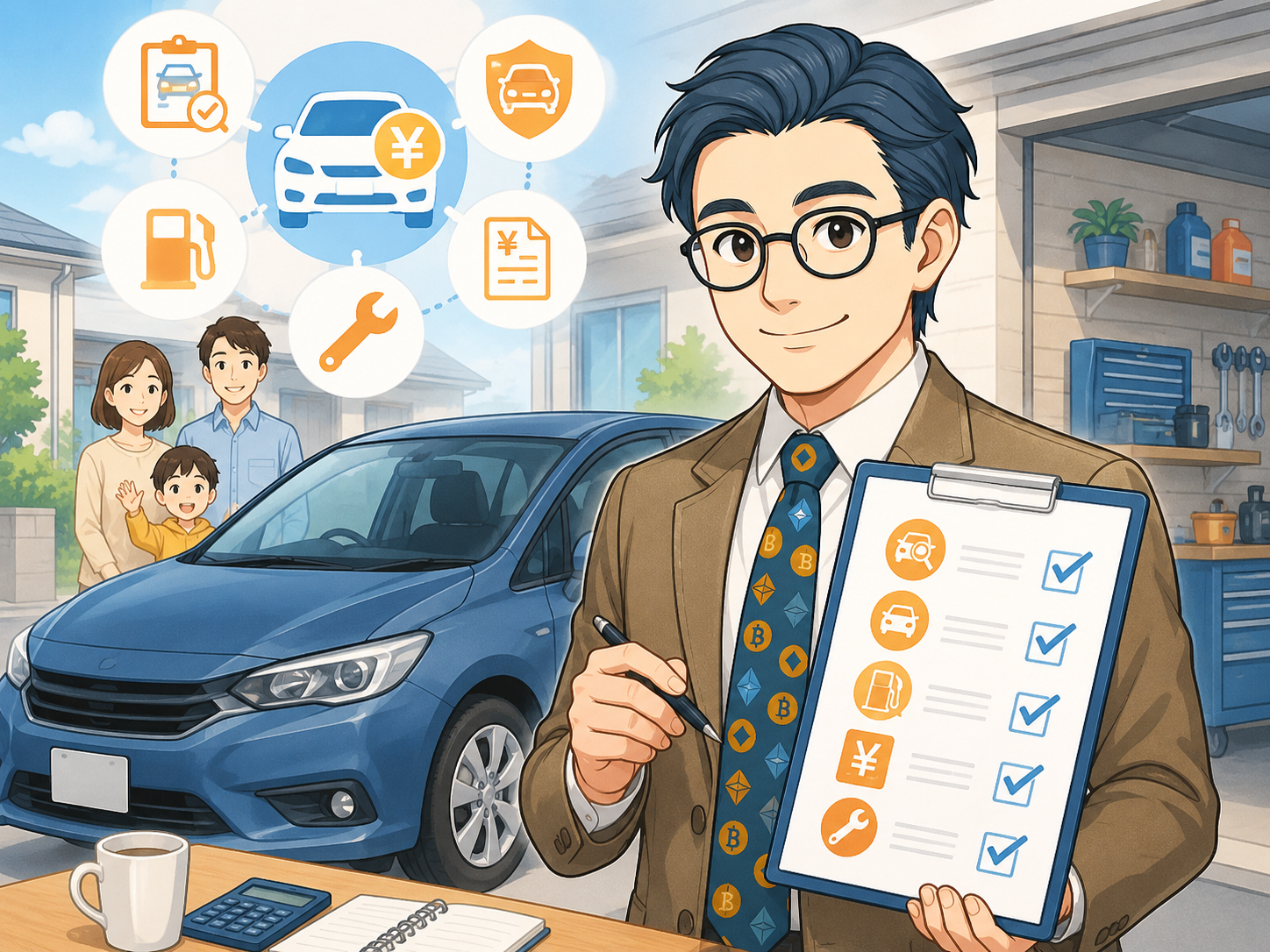 車の保険料や燃料費や維持費をチェックして固定費を見直すイメージ