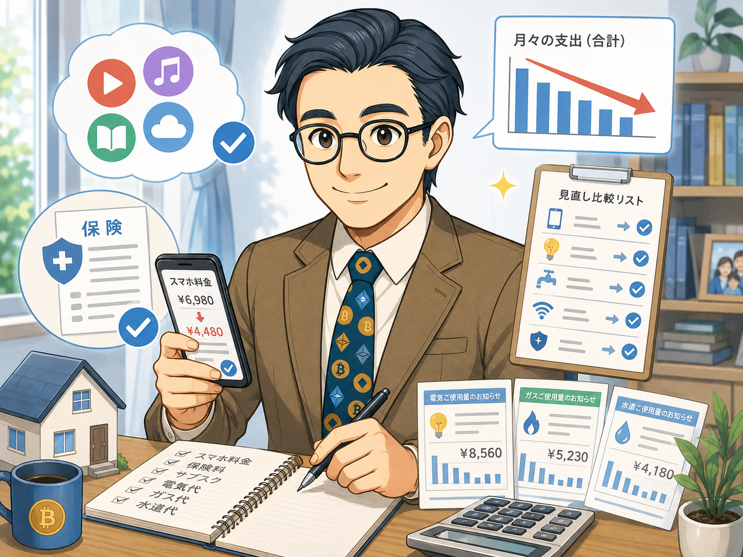 スマホ代や保険料など毎月の固定費を見直して支出を下げるイメージ