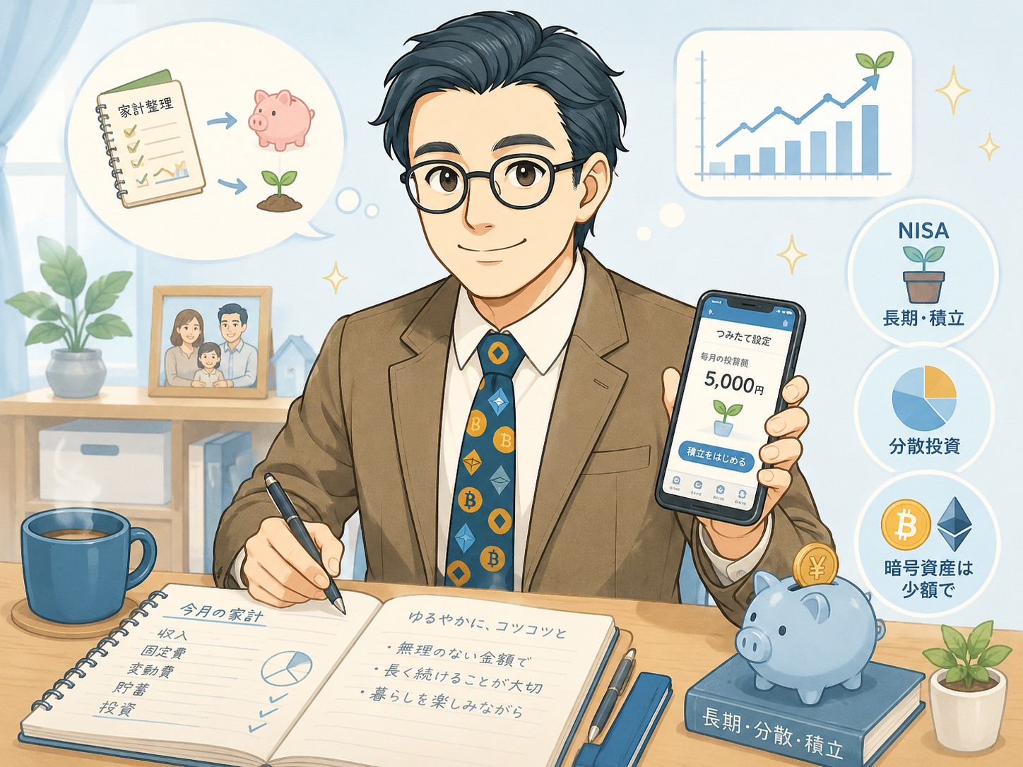 家計を確認しながら月5000円など無理のない金額で長期積立を続けるイメージ