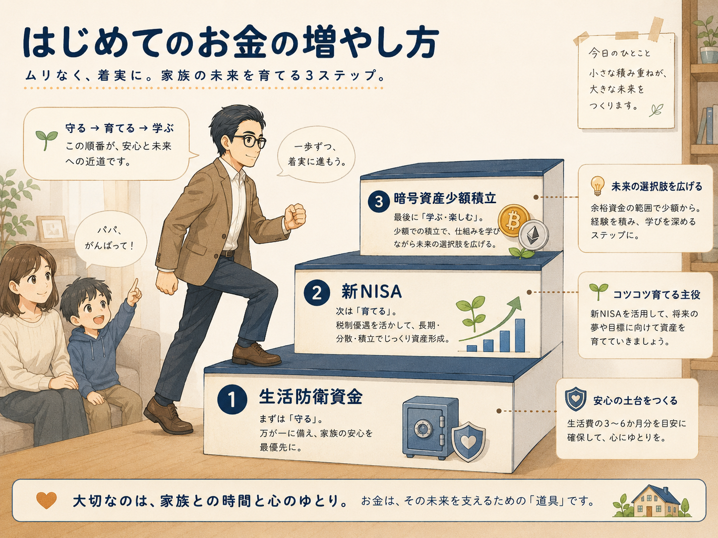 生活防衛資金・新NISA・暗号資産少額積立の順に資産形成を進める3ステップ図解