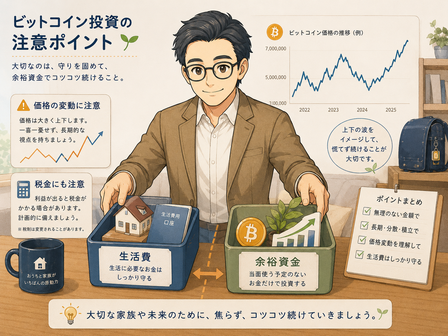 ビットコイン投資の価格変動・税金・余裕資金に関する注意点をまとめた図解