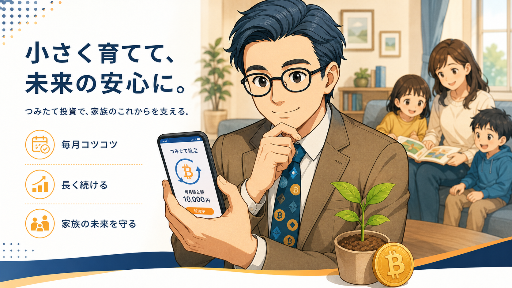 会社員パパが家族を守りながらビットコイン積立を少額で続けるイメージ