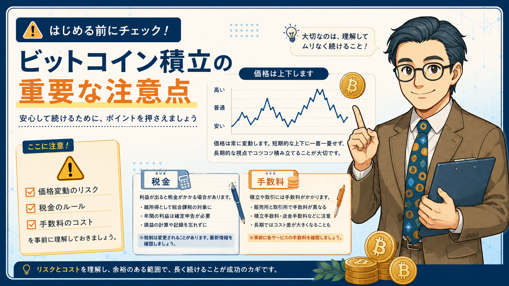 ビットコイン積立の価格変動リスク、税金、手数料を確認する注意点の図解