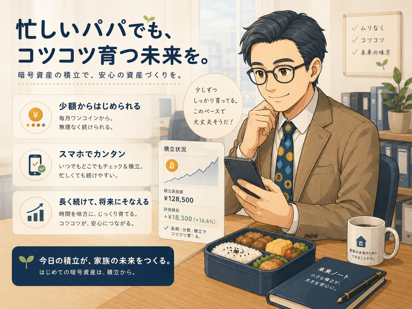 少額から始められスマホで簡単に長期積立できる暗号資産積立のメリット図解