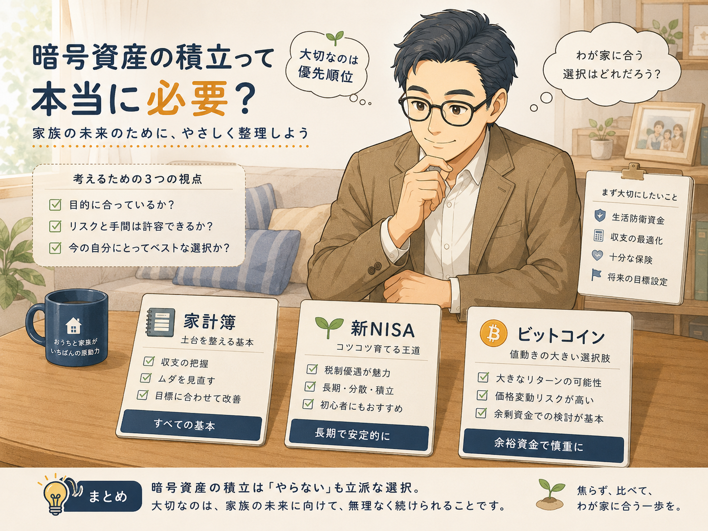 暗号資産積立の必要性を家計簿・新NISA・ビットコインで比較する初心者向け図解