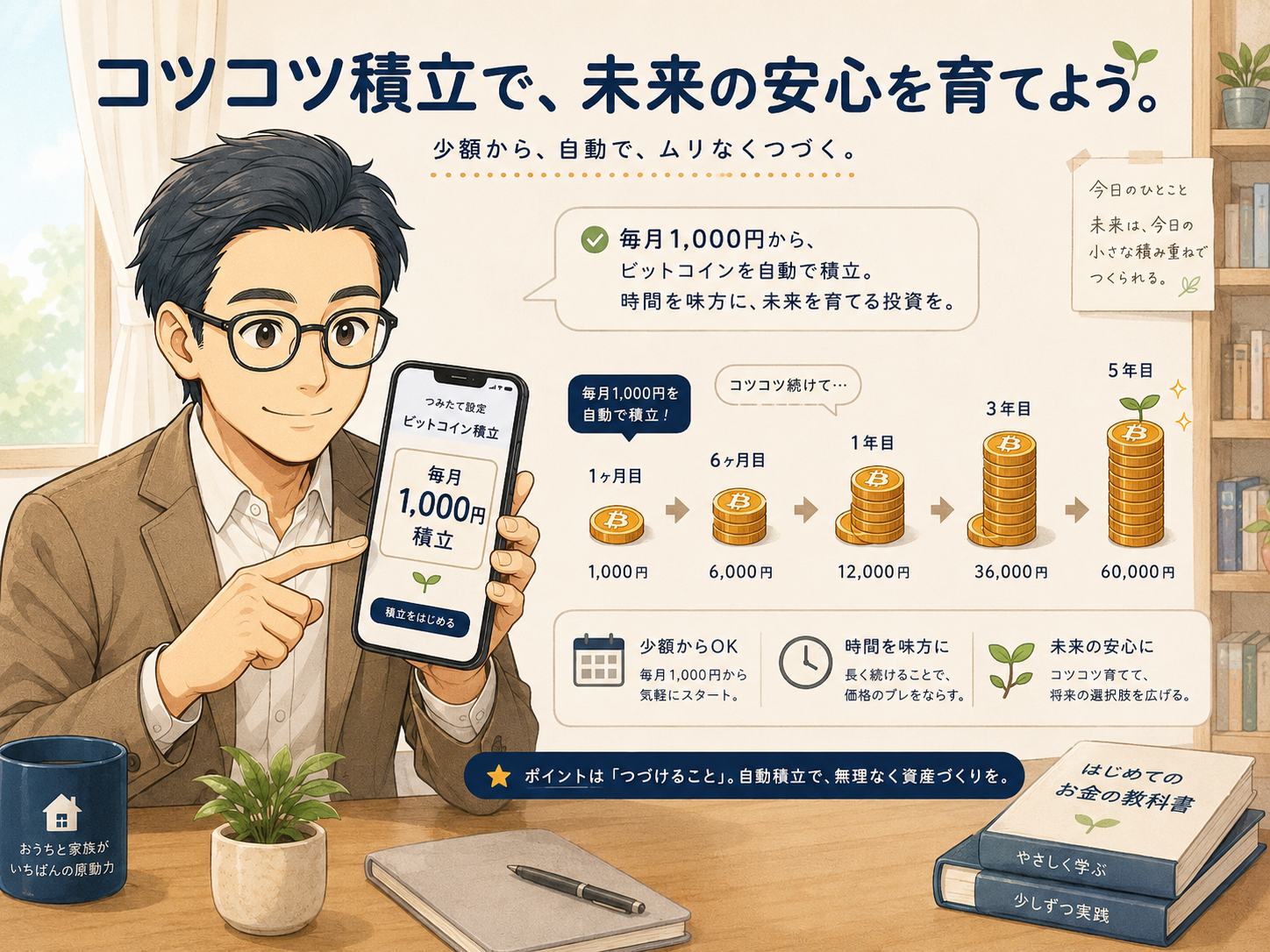 毎月1,000円からビットコインを自動積立する仕組みを示した初心者向け図解